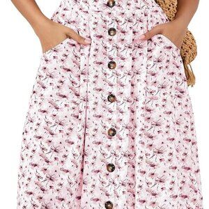 Womens Summer Skirts Casual Front Button A-Line High Waisted Midi Skirt with Poc